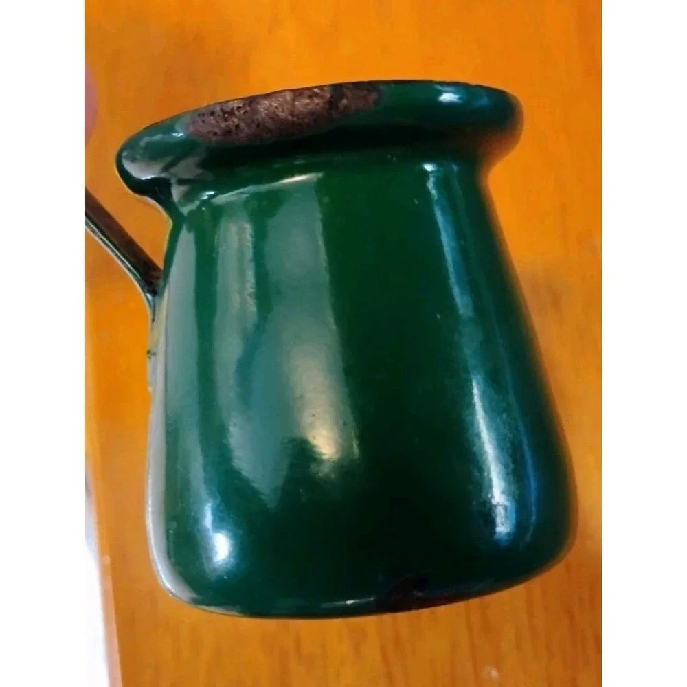 Vintage Green Enamel Turkish Coffee Pot Made in Yugoslavia Cezve Briki Pot Rust